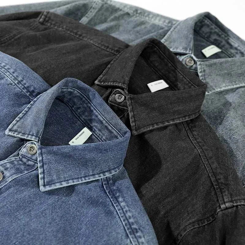 Retro vintage denim shirts in various shades, perfect for spring and summer fashion.