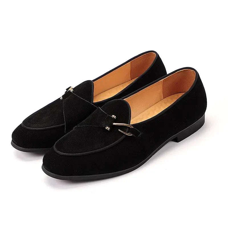 Elegant suede leather loafers for men with intricate perforations, cushioned insole, and sturdy sole in black.