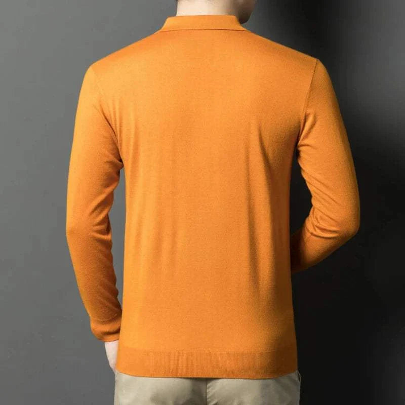 Antonios business polo premium sweater in orange wool-viscose blend, back view.