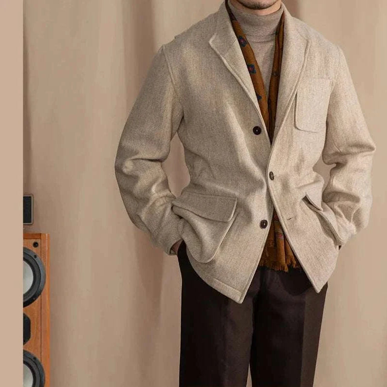 Men’s beige wool and cotton British winter premium jacket with pockets.