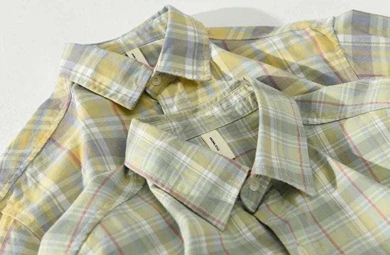 RETRO cotton summer plaid shirt for men's spring/summer style.