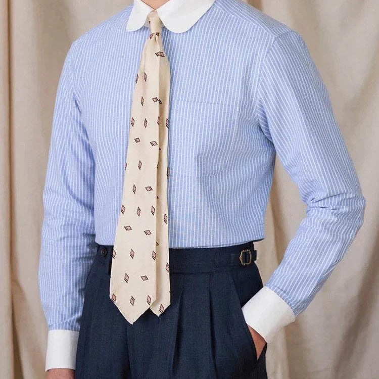 Antonios striped cotton business shirt for men, blue stripes, white collar, perfect office wear.