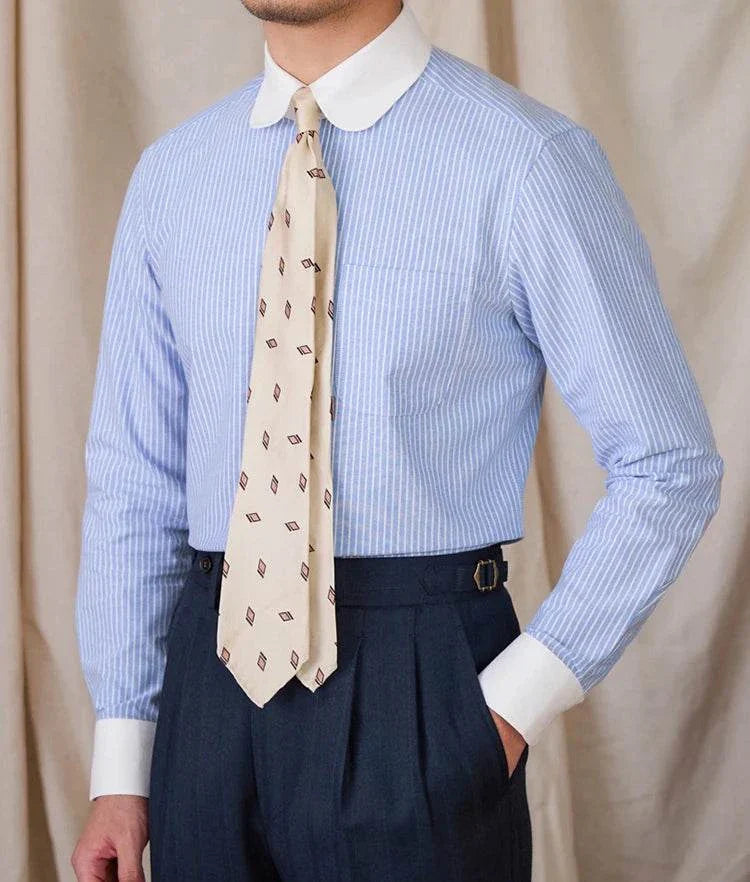 Antonios striped cotton business shirt for men, blue stripes, white collar, perfect office wear.