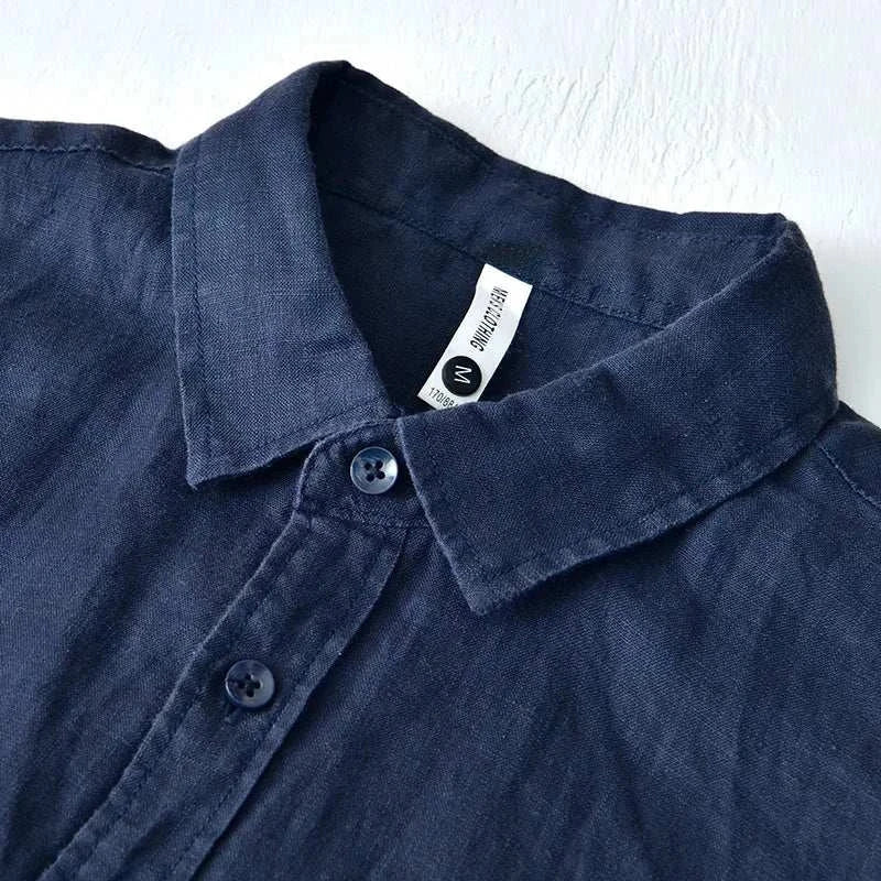 Italian pure linen long-sleeve shirt in solid navy blue fabric.