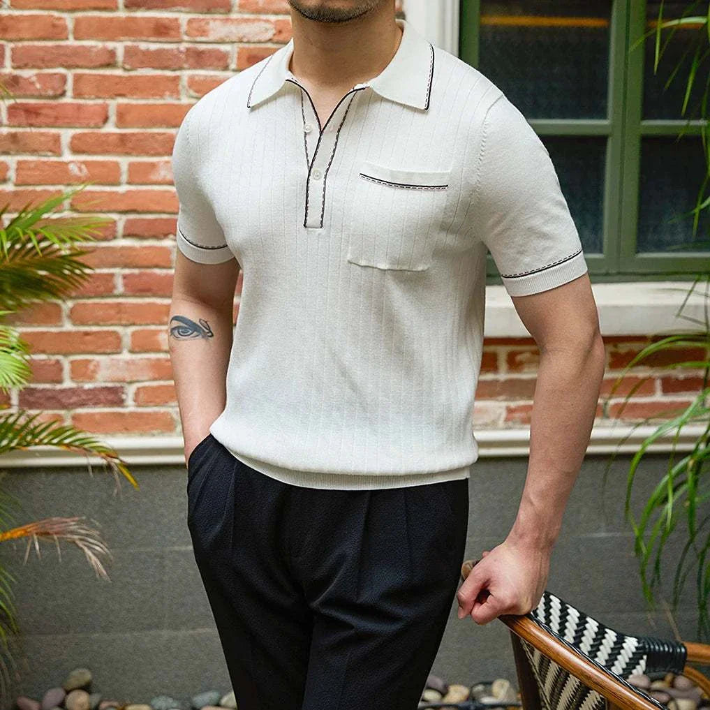 Men's white Old Money polo English t-shirt with short sleeves and black trim, featuring a solid pattern and elegant style, perfect for spring/summer.