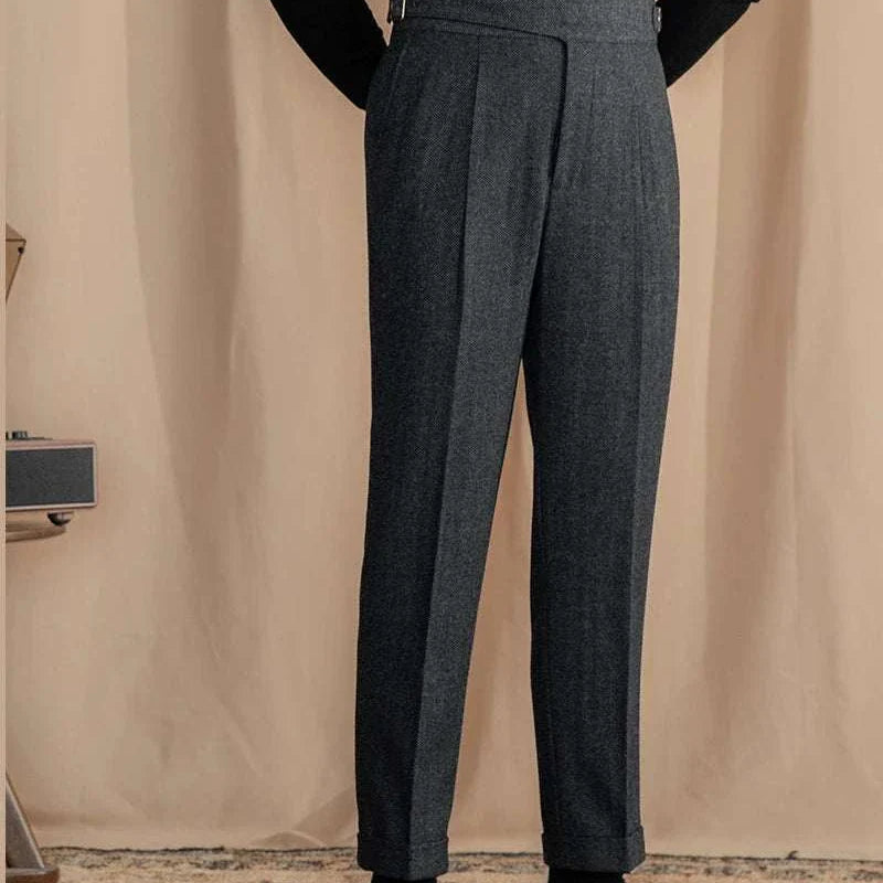 Antonios vintage wool herringbone pants, full-length, smart casual style.