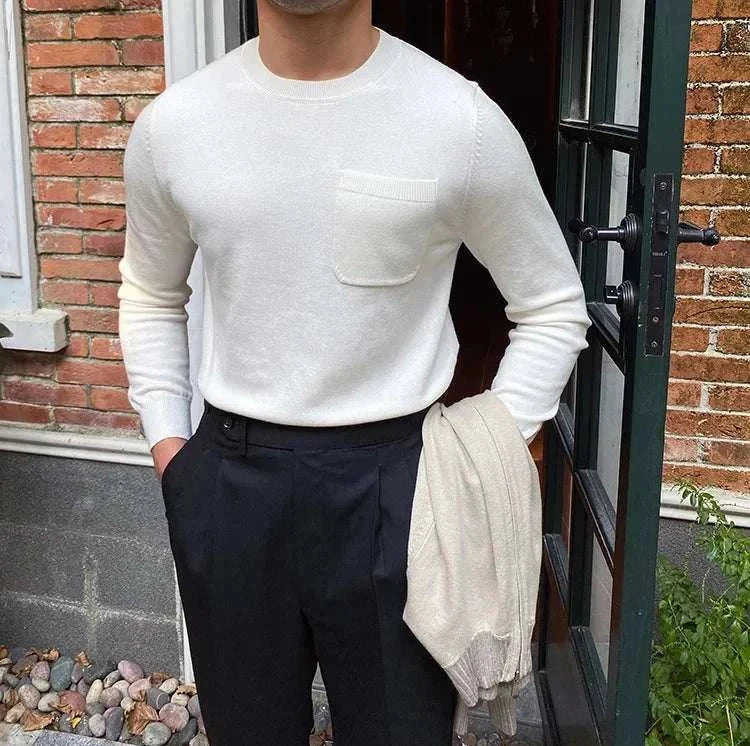 Men's premium office sweater by Antonios, white, perfect fit, cozy, ideal for business settings.