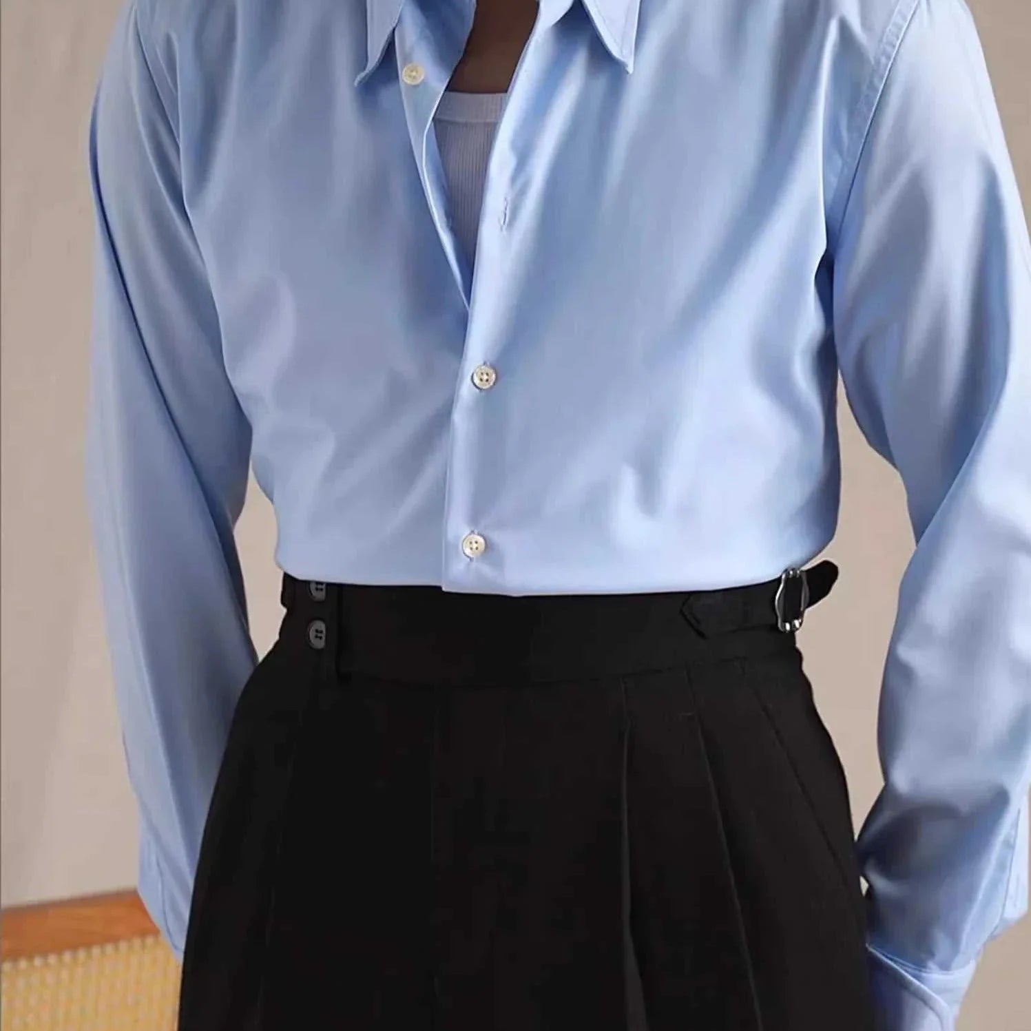 Party tuxedo long sleeve shirt in light blue with black pants, men's fashion.