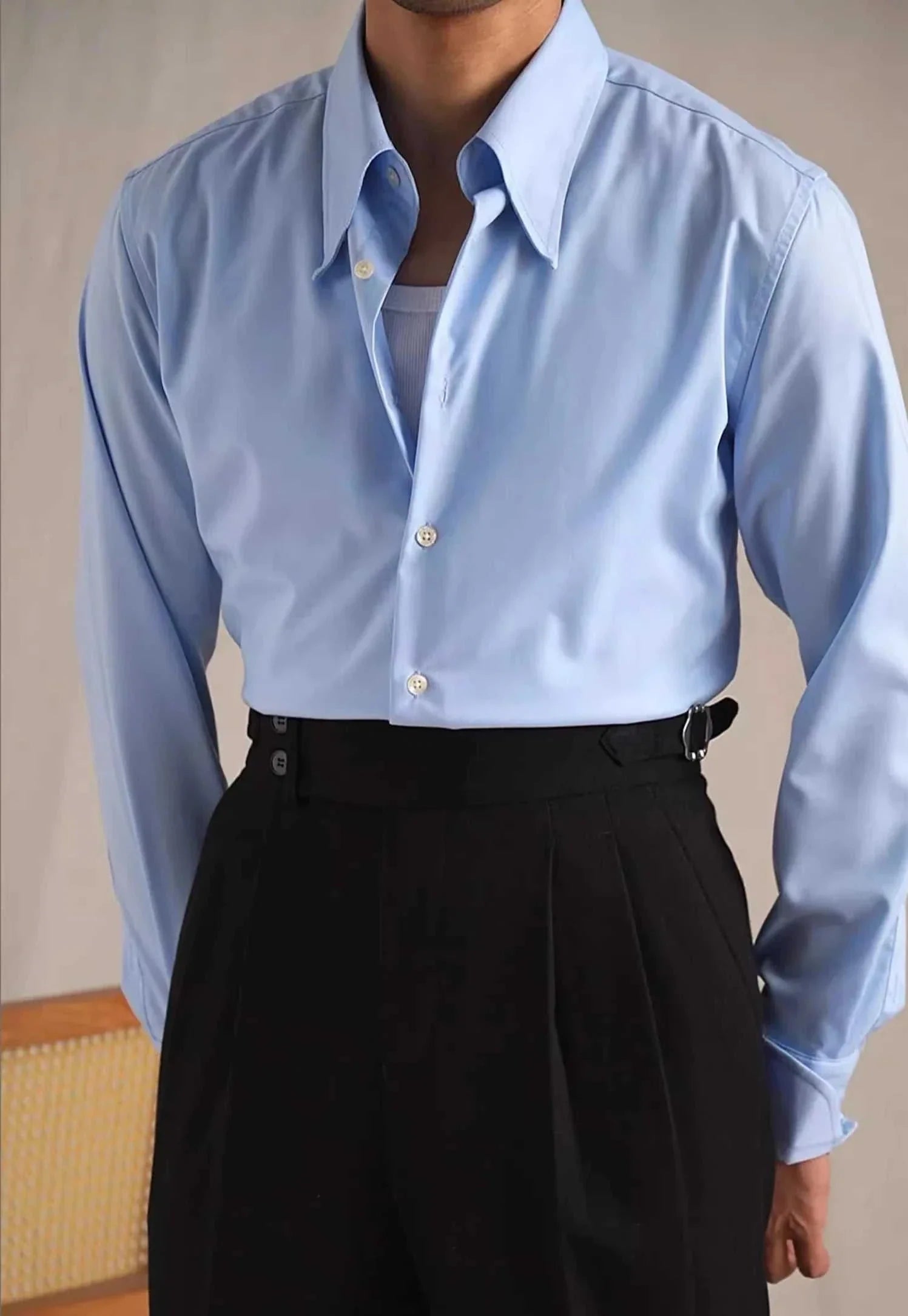 Party tuxedo long sleeve shirt in light blue with black pants, men's fashion.