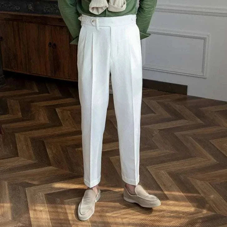 Italian design office high-waist trousers for men in white, casual and elegant style.