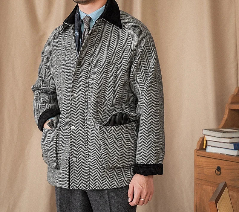 Wool heavy vintage coat for men, stylish winter wear.
