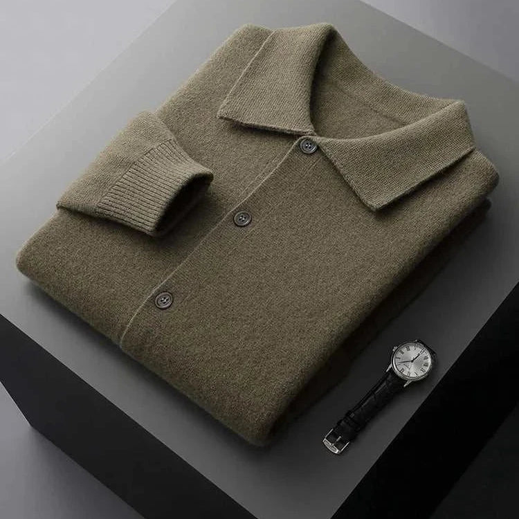 Antonios wool polo collar cardigan for men, folded neatly on a surface, showcasing the classic design.