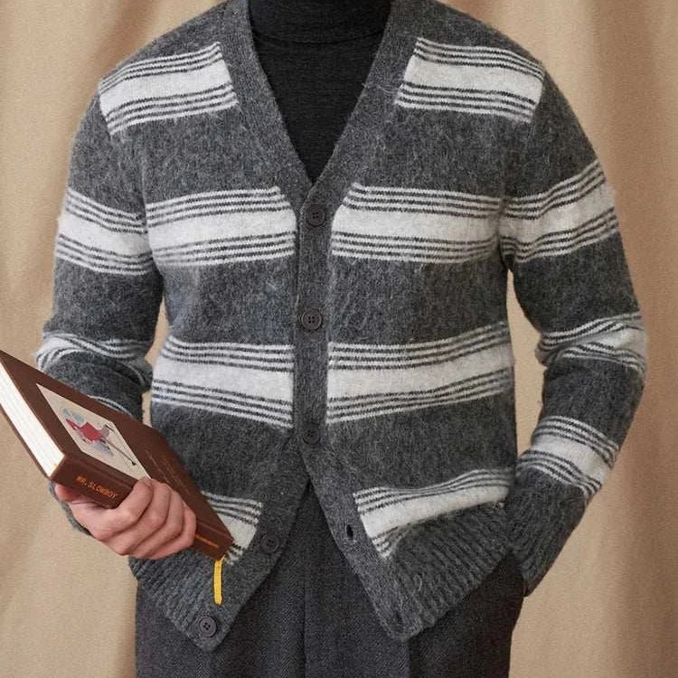 Antonios striped wool v-neck cardigan for men, winter essential.