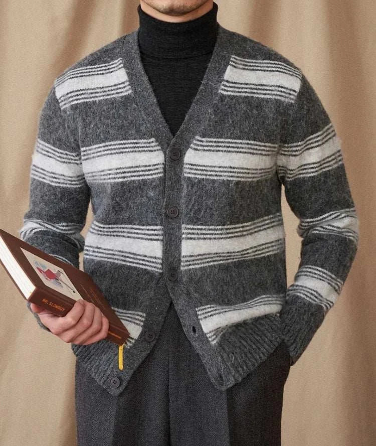 Antonios striped wool v-neck cardigan for men, winter essential.