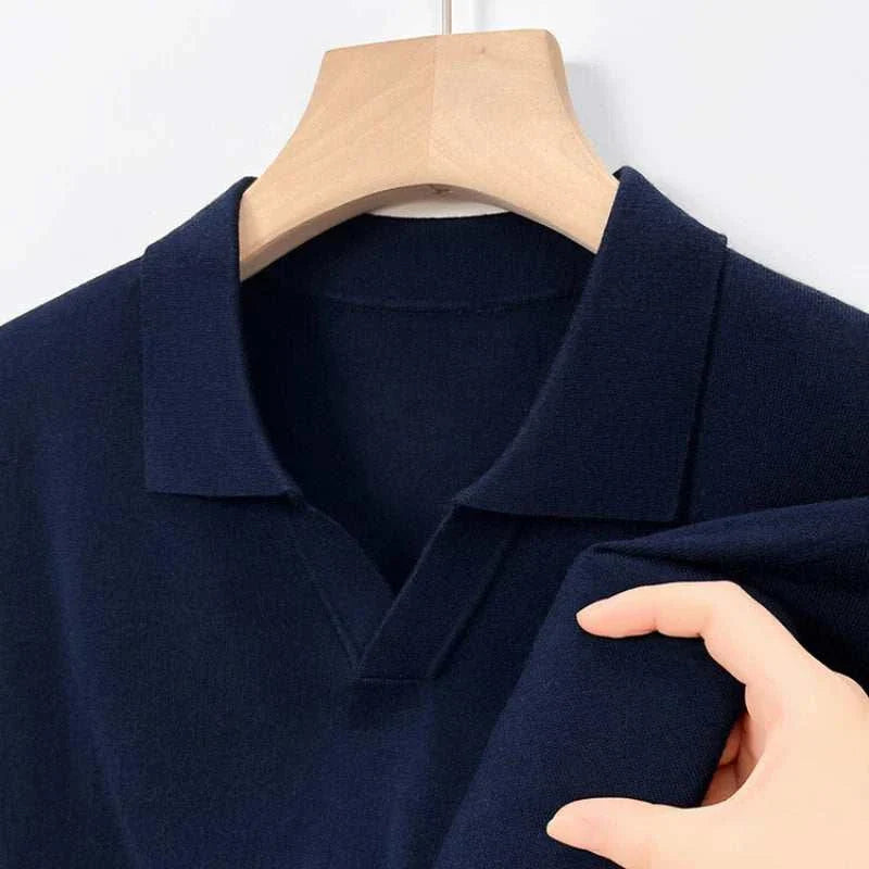 Antonios business polo premium sweater in navy, crafted from wool and viscose for office wear.