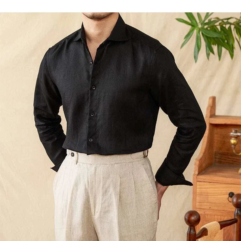 Lightweight linen long-sleeve shirt in black, stylish and breathable for warm weather.
