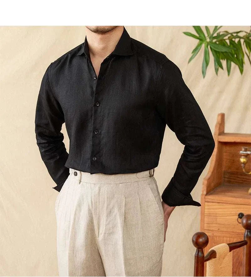 Lightweight linen long-sleeve shirt in black, stylish and breathable for warm weather.