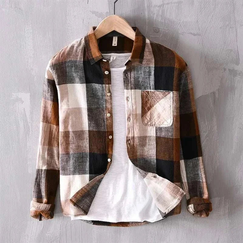Linen-cotton plaid shirt for men, breathable spring/summer casual wear.
