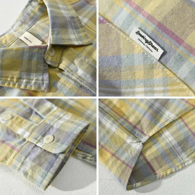 Close-up of RETRO cotton summer plaid shirt showing detailed plaid pattern and fabric texture.
