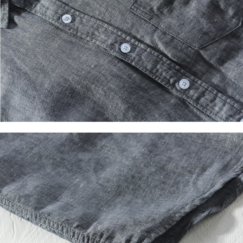 details of grey long sleeve casual shirt made of cotton and linen for men