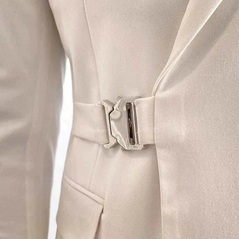 Elegant slim fit suit jacket with buckle detail on high-quality polyester fabric.