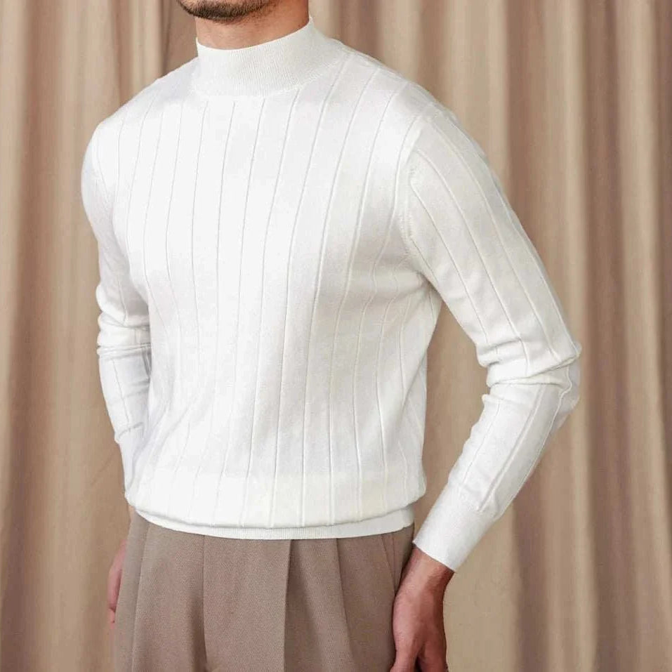 Men's autumn turtleneck premium sweater in white wool-acrylic blend, chic fall fashion.