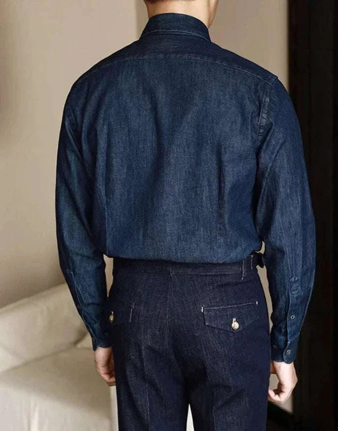 Office premium denim shirt for men, soft cotton, classic collar, versatile style.