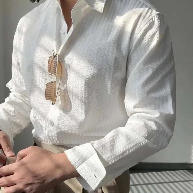 Antonios British casual striped shirt for men, comfortable polyester fabric, classic collar, versatile style.