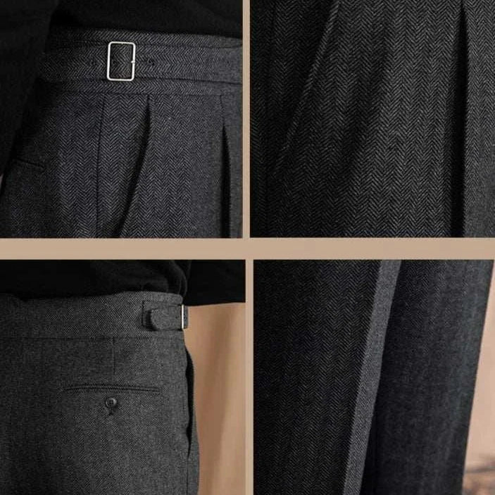 Antonios vintage wool herringbone pants showcasing elegant details and full-length style.