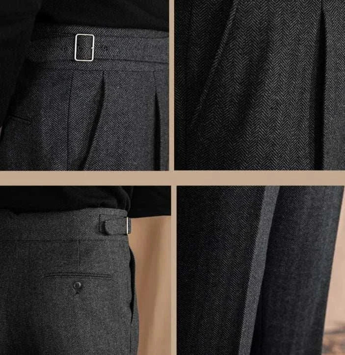 Antonios vintage wool herringbone pants showcasing elegant details and full-length style.