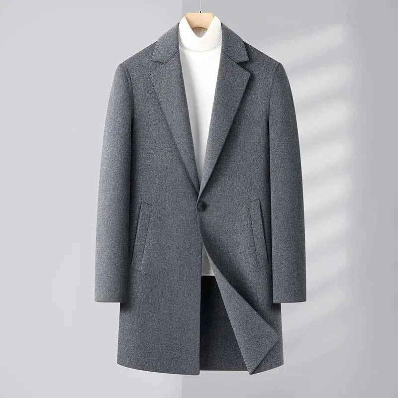 Woolen business long coat for men in gray, suitable for autumn and winter, made of 100% polyester.
