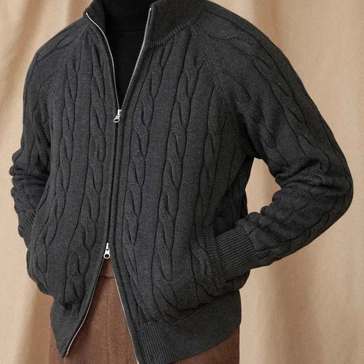 Men's Antonios British heavyweight knit cardigan with double zipper design.