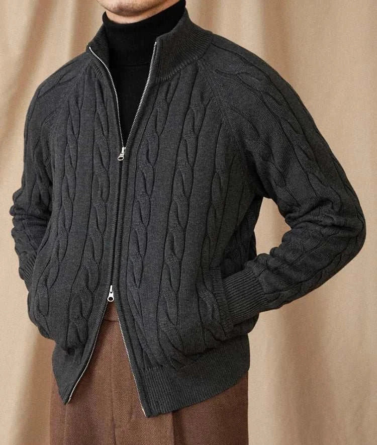 Men's Antonios British heavyweight knit cardigan with double zipper design.