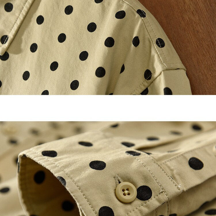 Dot print cotton shirt sleeve and collar details for men, featuring button-down style in beige with black dots.