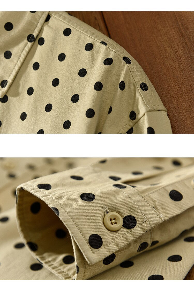 Dot print cotton shirt sleeve and collar details for men, featuring button-down style in beige with black dots.