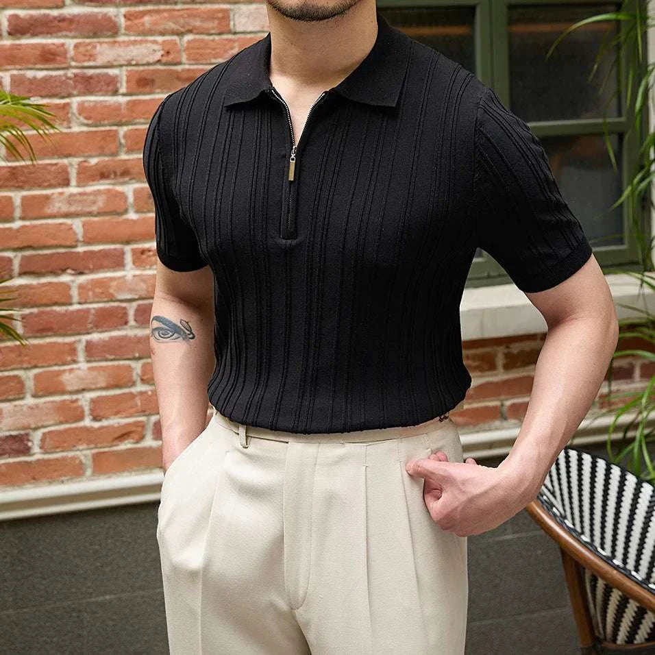 Spring zipper t-shirt men in black, short sleeve, solid pattern, casual and elegant style.