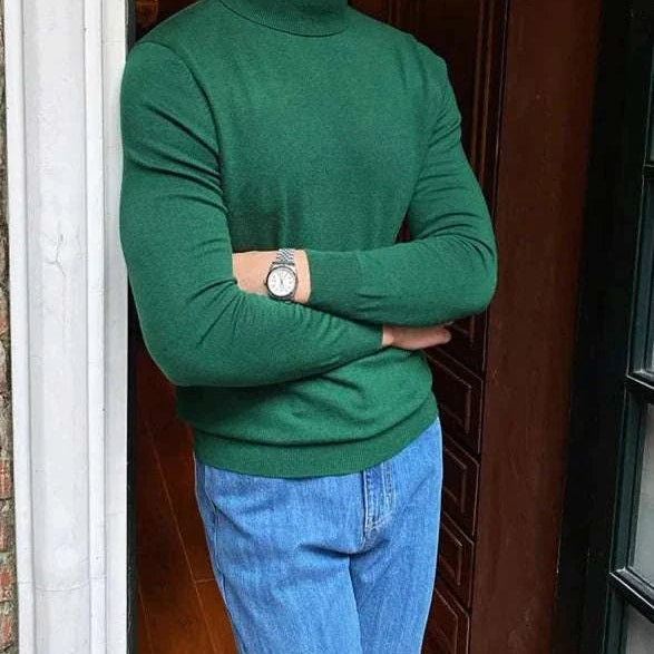 Antonios business turtleneck sweater in green for men, perfect for office and casual wear.