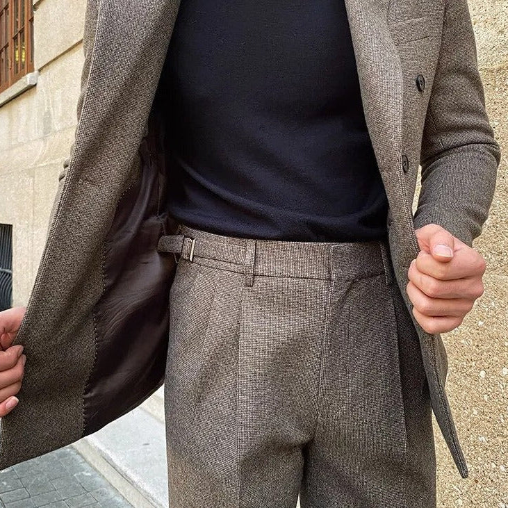 Office double breasted suit for men, Italian style, high-quality polyester fabric.