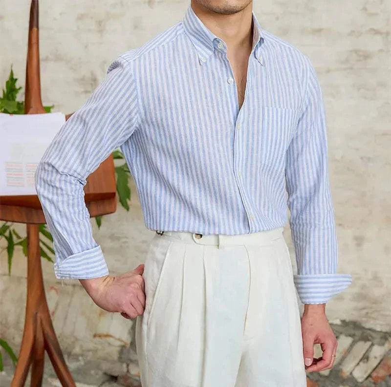 Antonios business striped long-sleeve shirt for men, lightweight linen-cotton blend, stylish and comfortable.