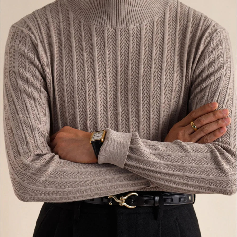 Luxury wool mock neck pullover for men, cozy and stylish design.