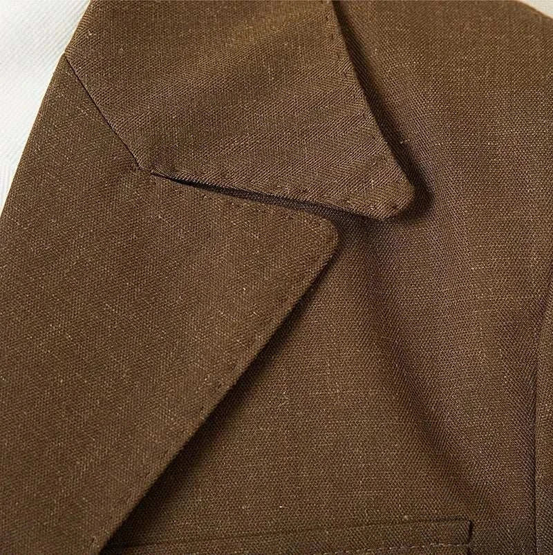 Close-up of the lapel of an autumn vintage old money coat made of high-quality polyester, showcasing elegant craftsmanship.