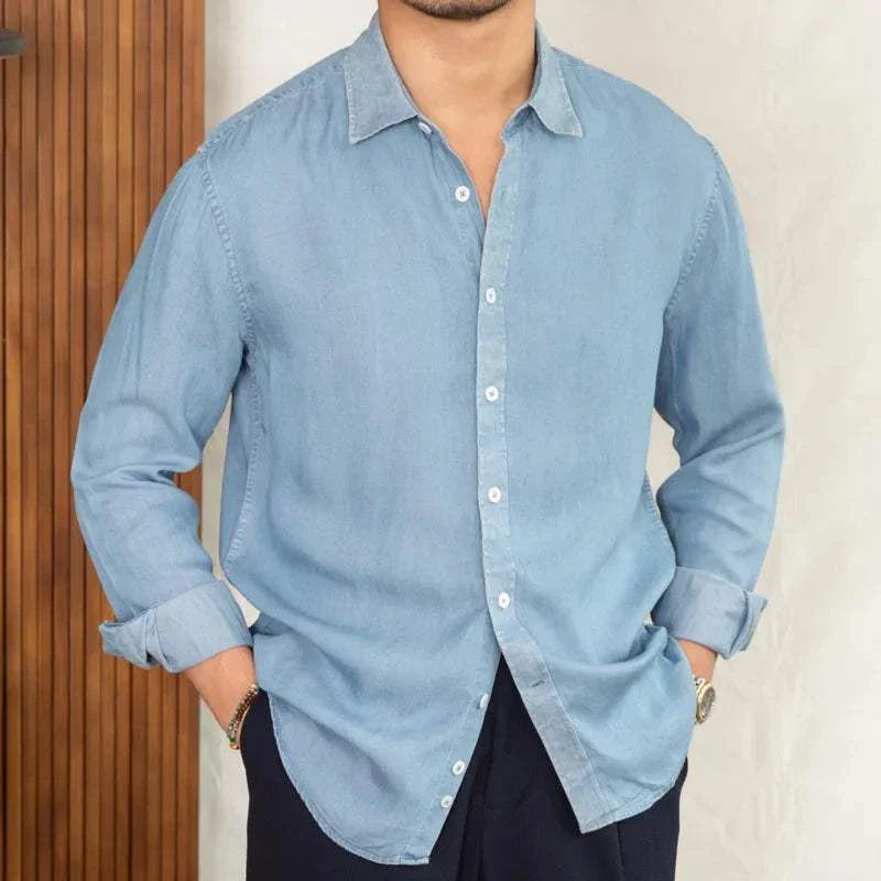 Summer retro long-sleeve shirt in light blue, perfect for stylish and breathable warm weather wear.