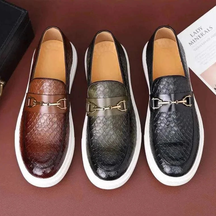 Embossed casual loafers in brown, green, and black with non-slip rubber outsoles for elegant occasions.