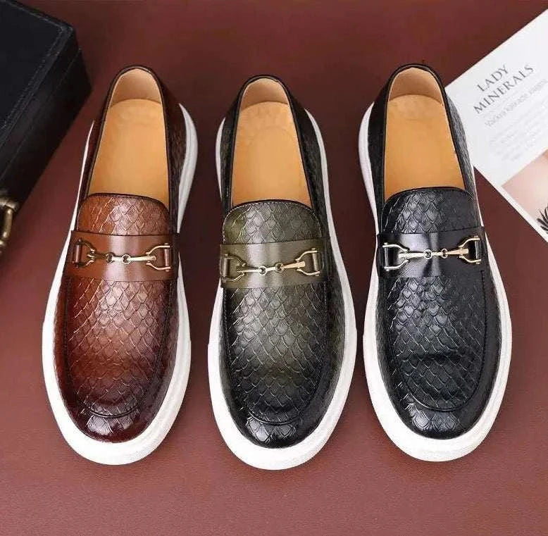 Embossed casual loafers in brown, green, and black with non-slip rubber outsoles for elegant occasions.