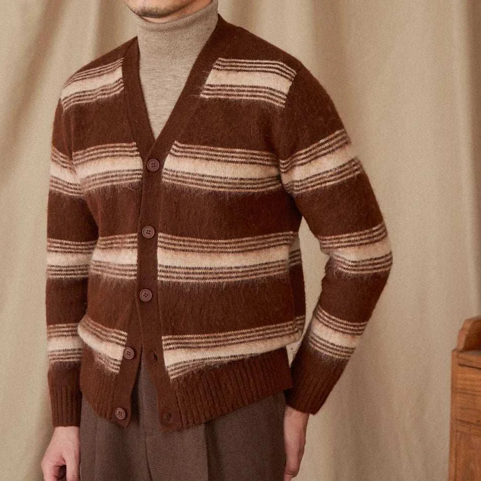 Antonios striped wool v-neck cardigan for men, winter essential.