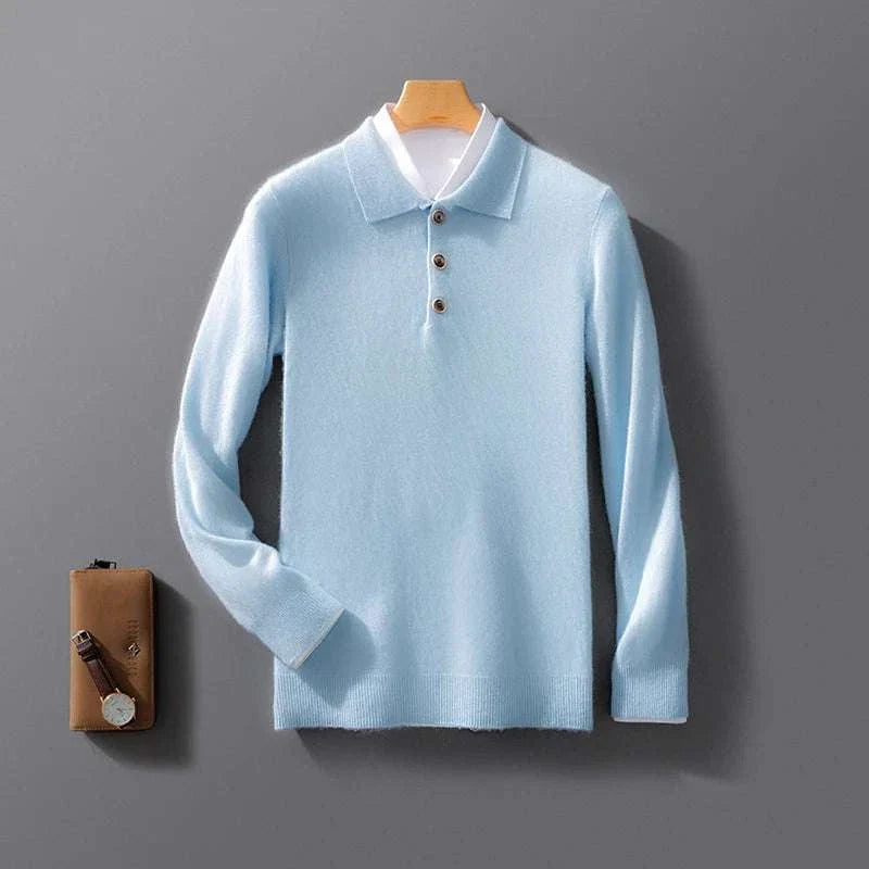 Cold season pure wool sweater in light blue with buttoned collar for men.