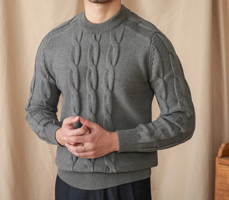 Round neck vintage sweater for men in gray wool blend, perfect for winter.