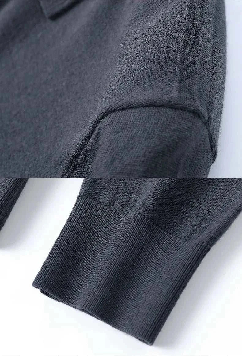 Close-up of details on a dark wool and cotton polo sweater sleeve and shoulder, highlighting the texture and craftsmanship of the Antonios wool polo sweater.
