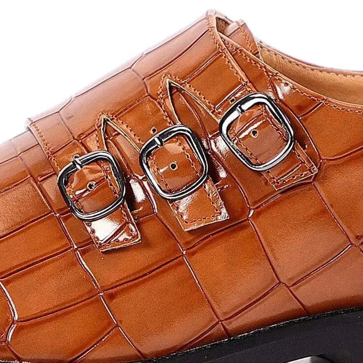 Oxford triple strip-on shoes, brown leather with buckle detailing, stylish and durable.