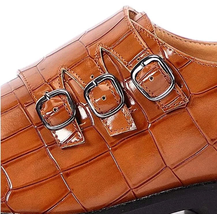 Oxford triple strip-on shoes, brown leather with buckle detailing, stylish and durable.